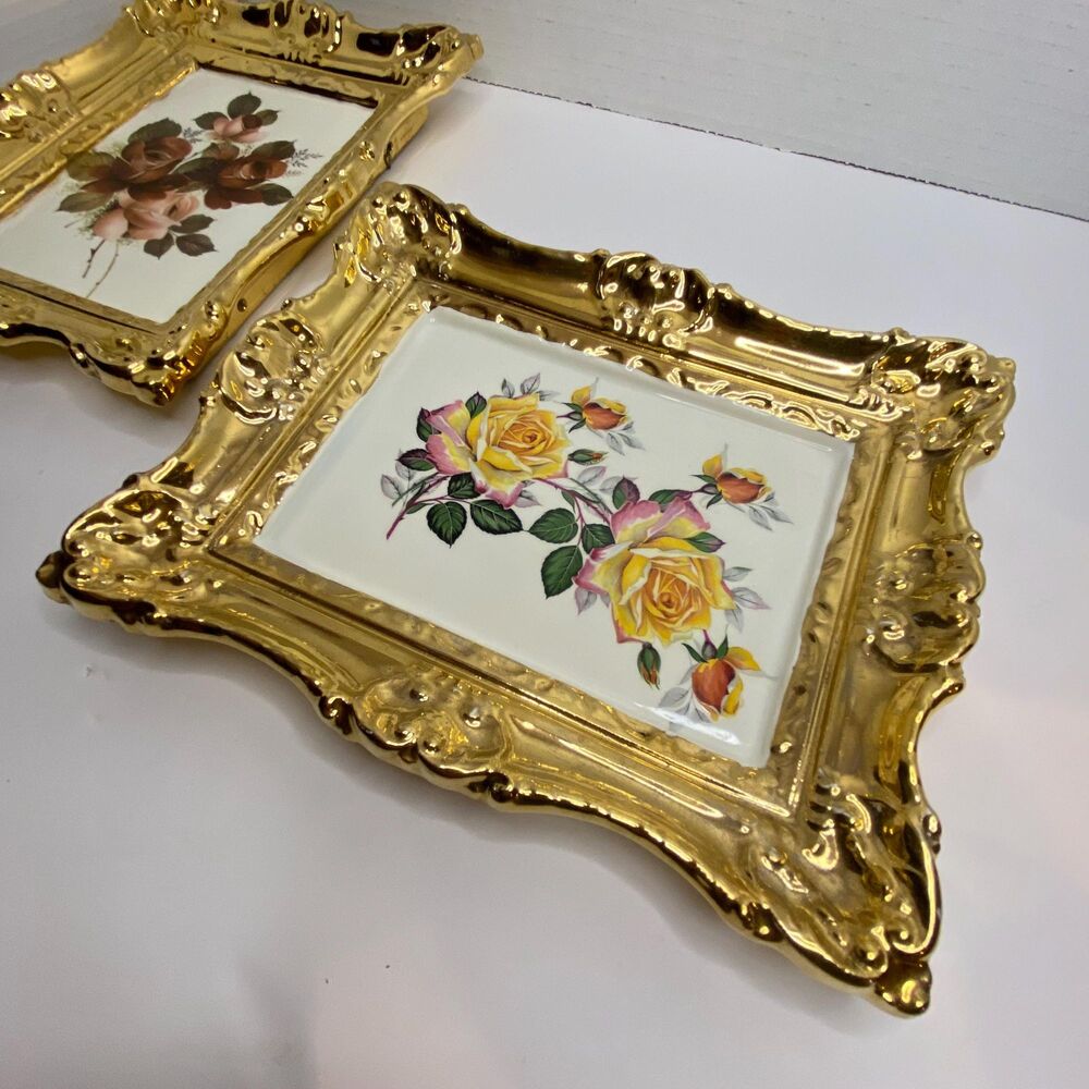MCM Ceramic Floral Rose Pictures 7" x 9"  Handmade 1971